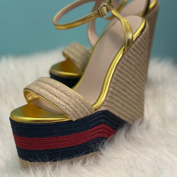 Gucci Gold Metallic Leather Jute Platform Espadrille Sandals Rare Find, 35.5Size - Picture 3 of 11